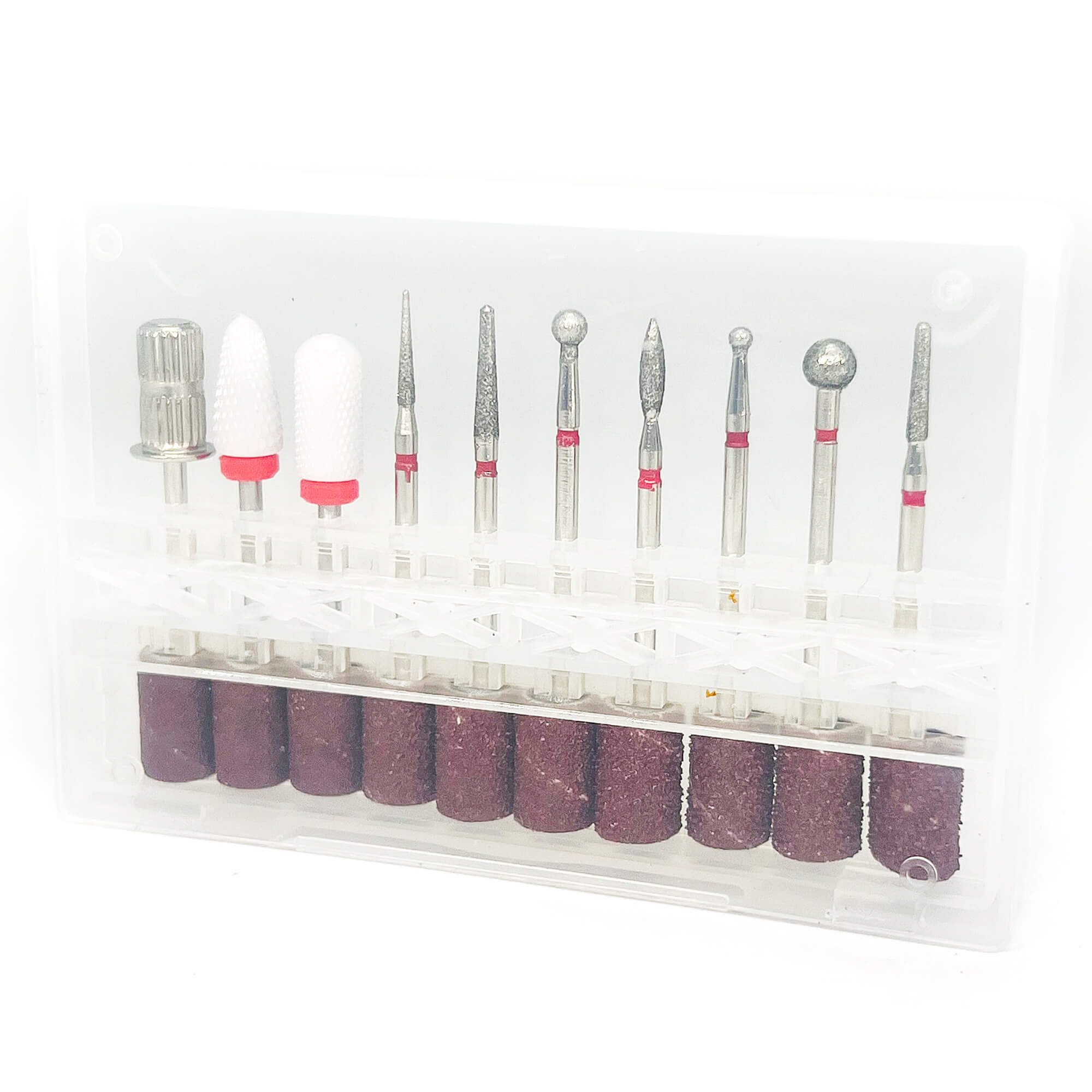 Набор алмазных и керамических фрез и наждачных бандажей с держателем (20 предметов) Хвостовик 2.3мм. — фото 2
