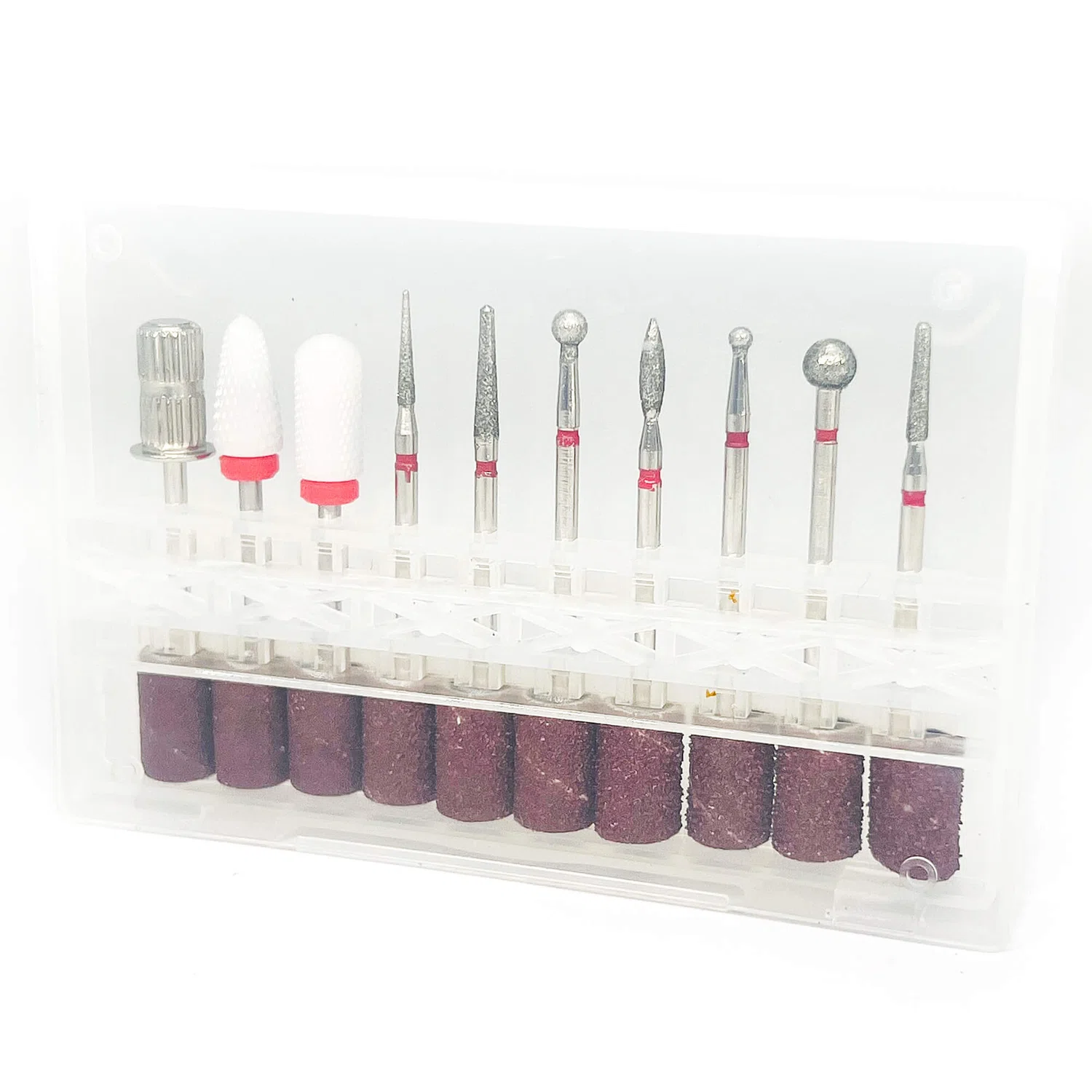 Набор алмазных и керамических фрез и наждачных бандажей с держателем (20 предметов) Хвостовик 2.3мм.