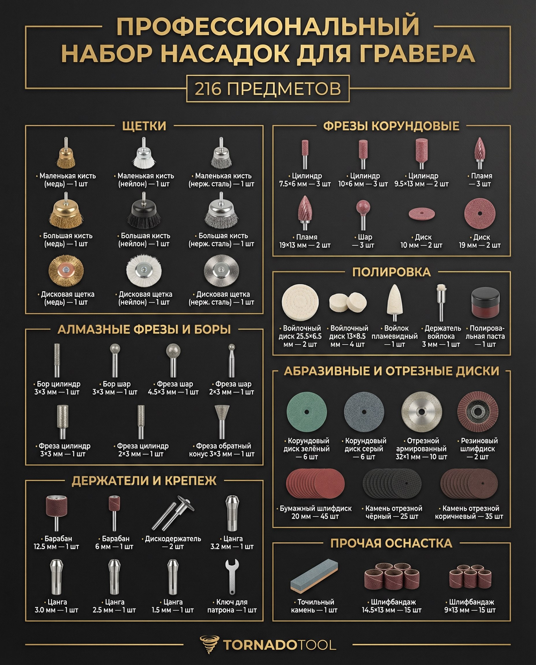 Насадки для гравера, 216 предметов, хвостовик 3 мм — фото 5