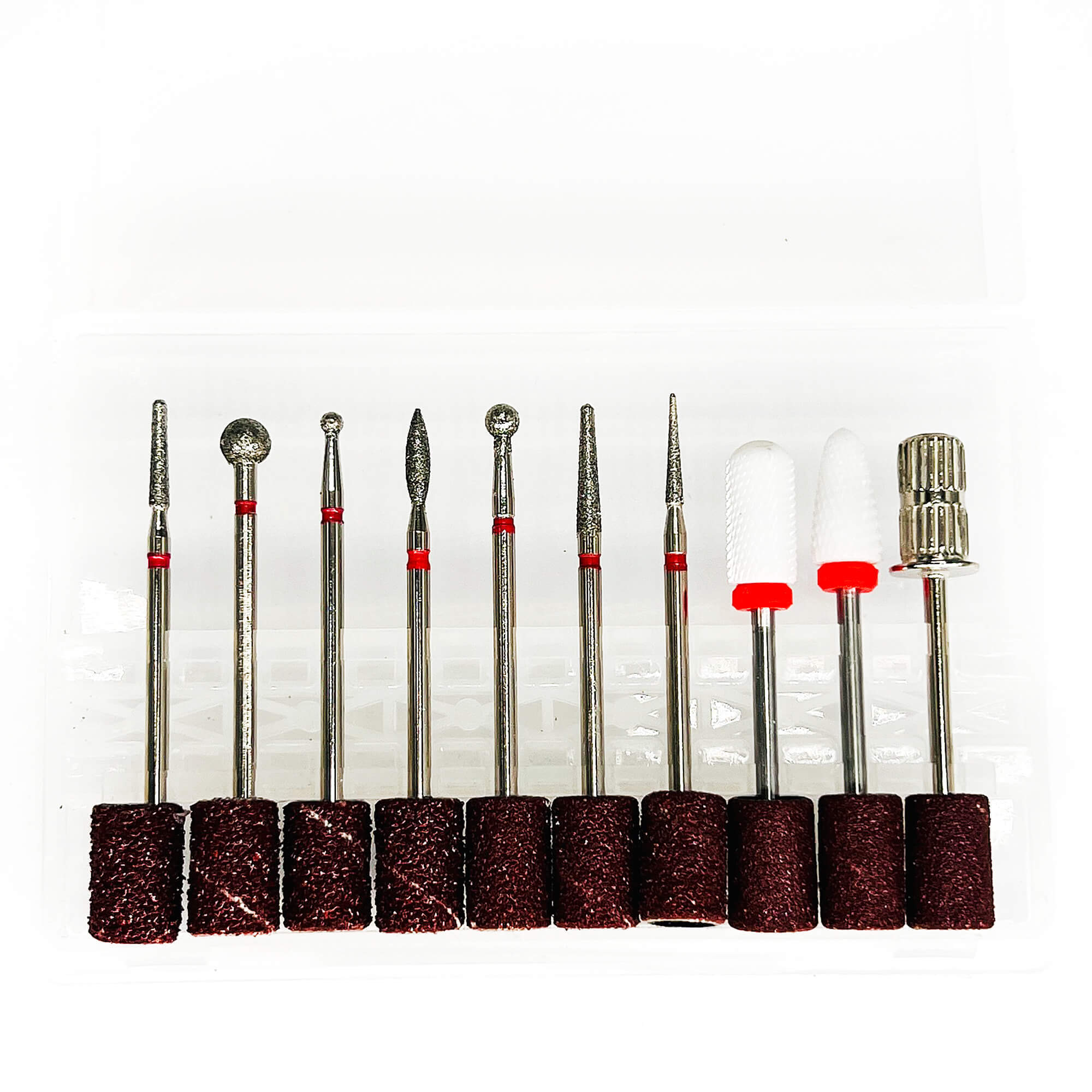 Набор алмазных и керамических фрез и наждачных бандажей с держателем (20 предметов) Хвостовик 2.3мм. — фото 3
