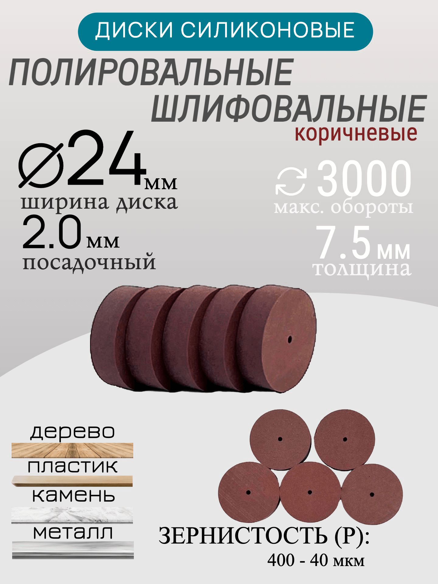 Диски шлифовальные/полировальные Tornadotool d 24х7.5х2 мм 5 шт. — P150 (серый) — фото 7